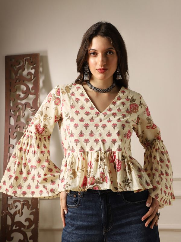 Off-White Floral Print Panelled Peplum Tunic with V-Neck & Bell Sleeves – Elegant Fusion Wear for Women
