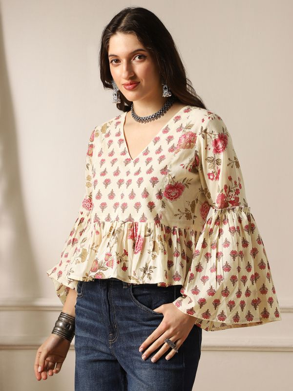 Off-White Floral Print Panelled Peplum Tunic with V-Neck & Bell Sleeves – Elegant Fusion Wear for Women