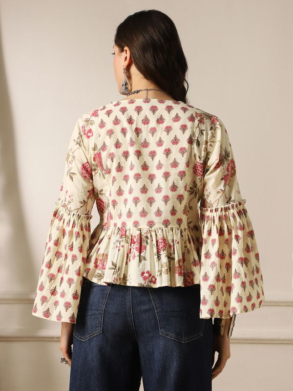 Off-White Floral Print Panelled Peplum Tunic with V-Neck & Bell Sleeves – Elegant Fusion Wear for Women