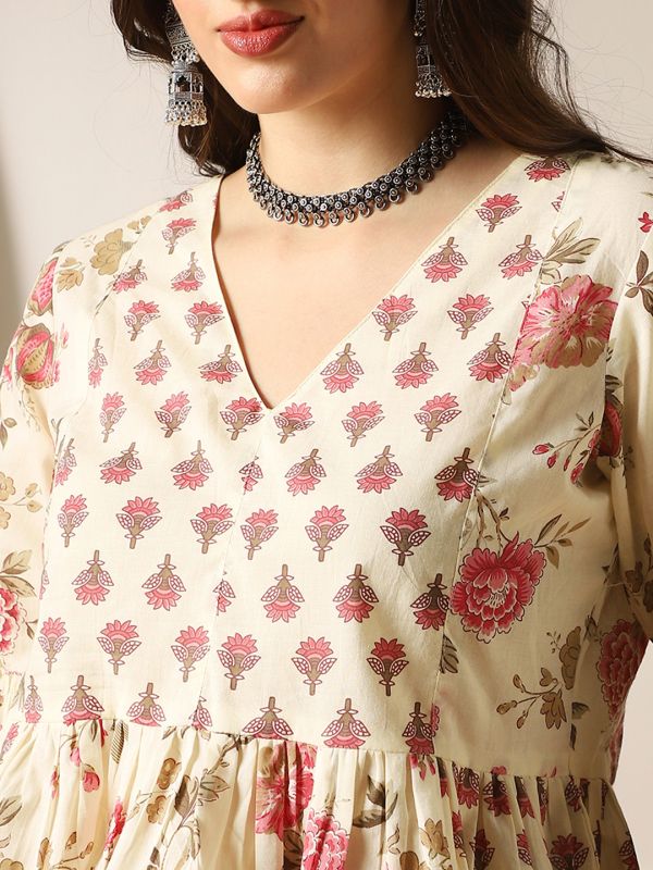 Off-White Floral Print Panelled Peplum Tunic with V-Neck & Bell Sleeves – Elegant Fusion Wear for Women