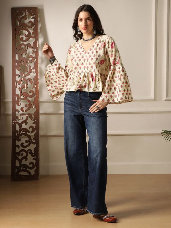 Off-White Floral Print Panelled Peplum Tunic with V-Neck & Bell Sleeves – Elegant Fusion Wear for Women