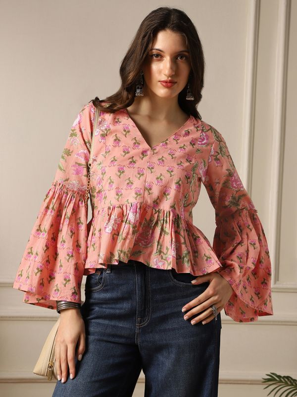 Peach Floral Print Panelled Peplum Tunic with V-Neck & Bell Sleeves – Elegant Fusion Wear for Women