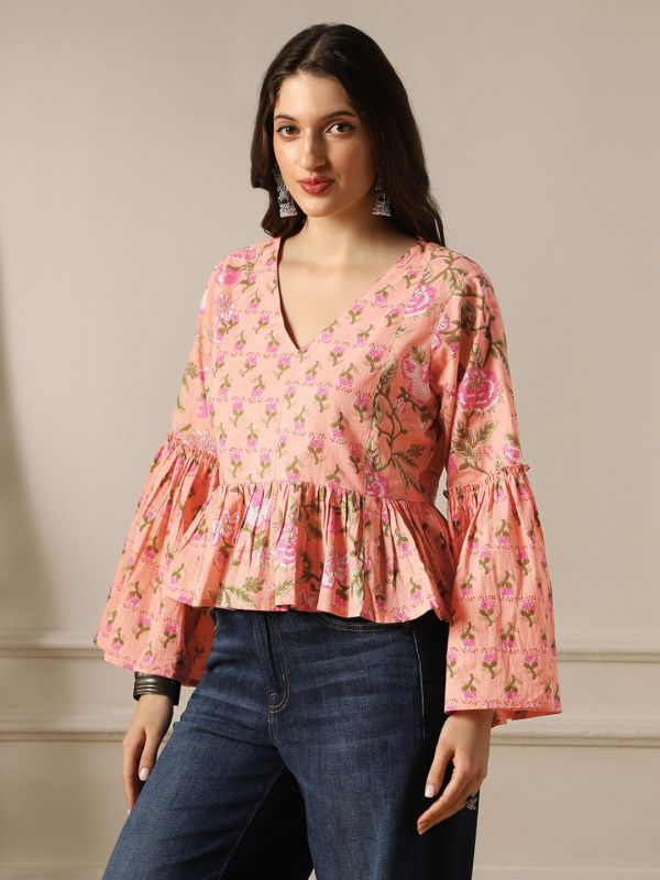 Peach Floral Print Panelled Peplum Tunic with V-Neck & Bell Sleeves – Elegant Fusion Wear for Women