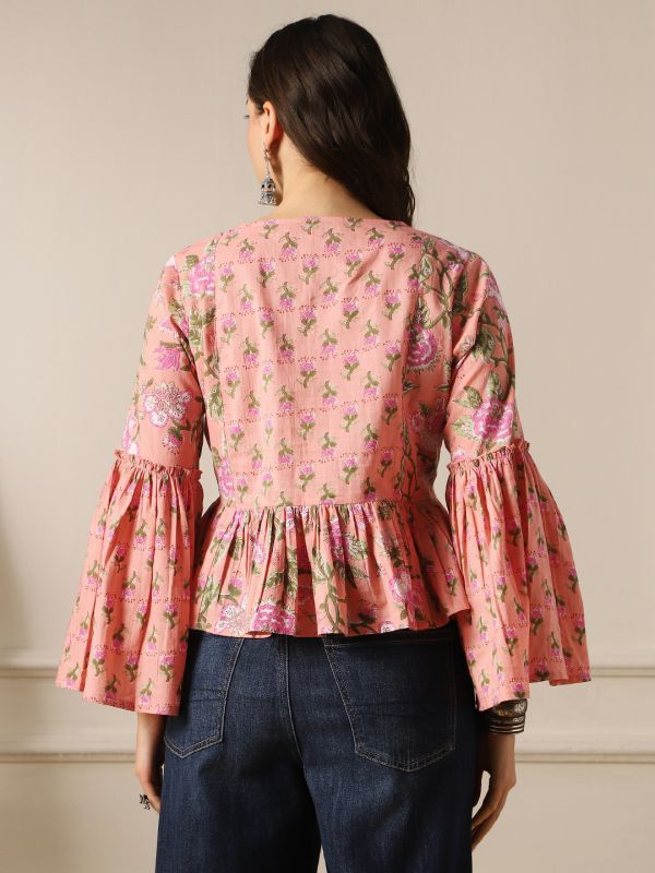 Peach Floral Print Panelled Peplum Tunic with V-Neck & Bell Sleeves – Elegant Fusion Wear for Women