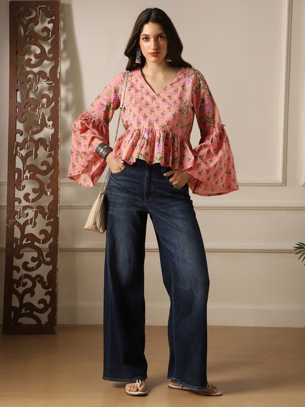 Peach Floral Print Panelled Peplum Tunic with V-Neck & Bell Sleeves – Elegant Fusion Wear for Women