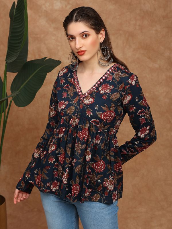 Blue Floral Print A-Line Alia Cut Tunic with V-Neck, Long Sleeves & Embroidered Mirror Work Detailing – Elegant Fusion Wear