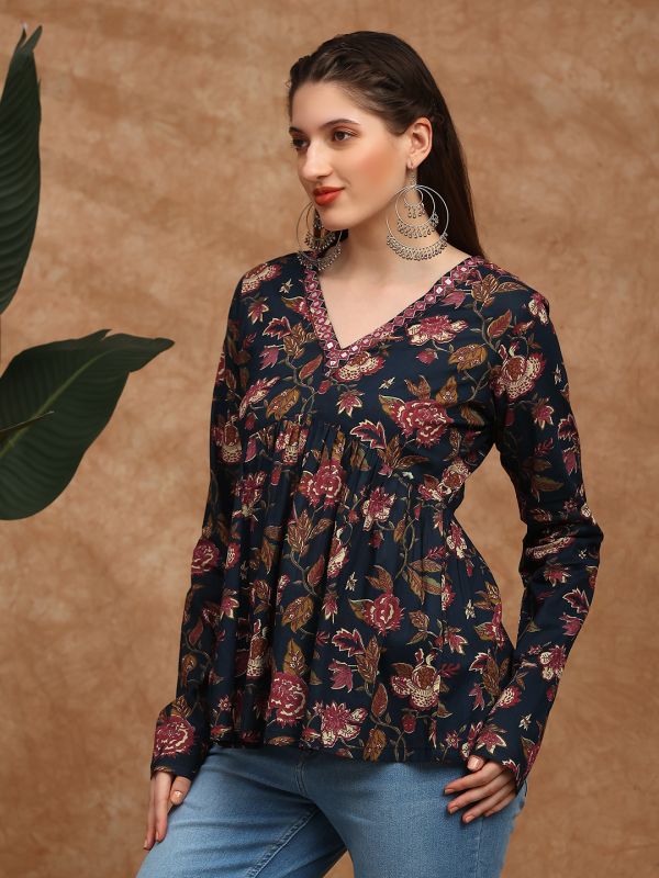 Blue Floral Print A-Line Alia Cut Tunic with V-Neck, Long Sleeves & Embroidered Mirror Work Detailing – Elegant Fusion Wear