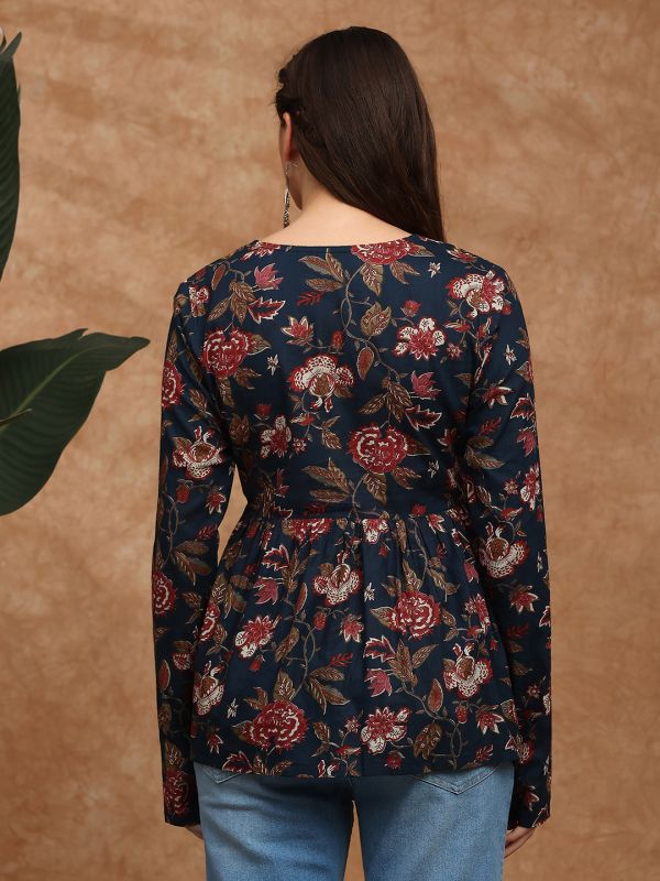 Blue Floral Print A-Line Alia Cut Tunic with V-Neck, Long Sleeves & Embroidered Mirror Work Detailing – Elegant Fusion Wear
