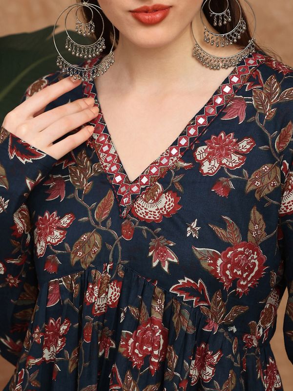 Blue Floral Print A-Line Alia Cut Tunic with V-Neck, Long Sleeves & Embroidered Mirror Work Detailing – Elegant Fusion Wear