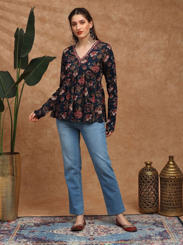 Blue Floral Print A-Line Alia Cut Tunic with V-Neck, Long Sleeves & Embroidered Mirror Work Detailing – Elegant Fusion Wear