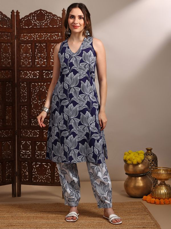 Blue Abstract Print Fusion Set with Sleeveless V-Neck A-Line Kurta & Matching Pants – Elegant Contemporary Ethnic Wear for Women