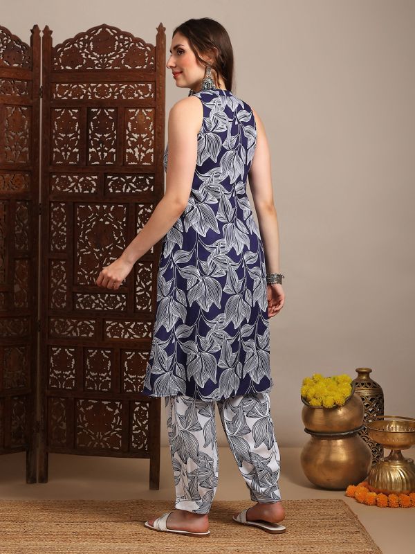 Blue Abstract Print Fusion Set with Sleeveless V-Neck A-Line Kurta & Matching Pants – Elegant Contemporary Ethnic Wear for Women