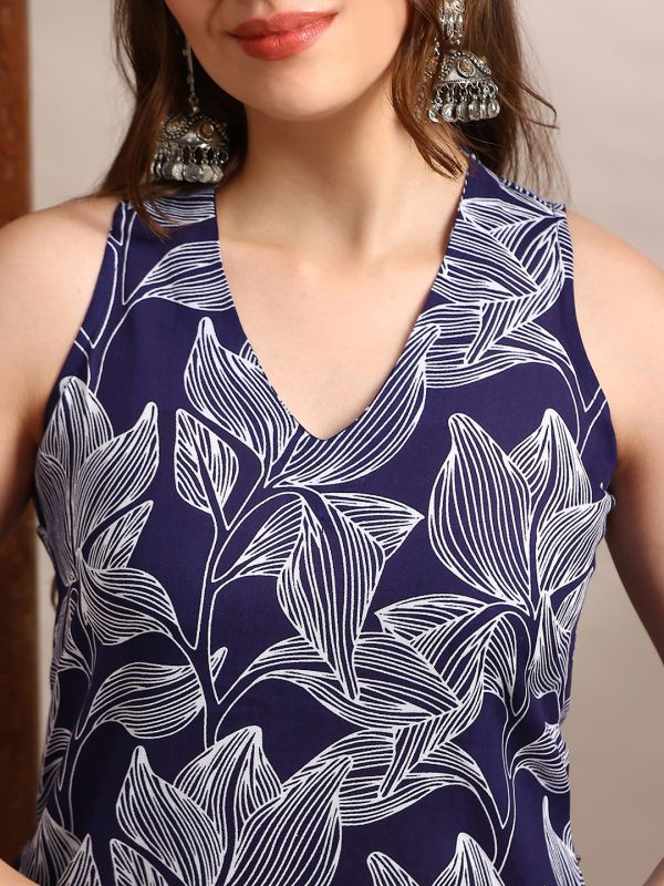 Blue Abstract Print Fusion Set with Sleeveless V-Neck A-Line Kurta & Matching Pants – Elegant Contemporary Ethnic Wear for Women