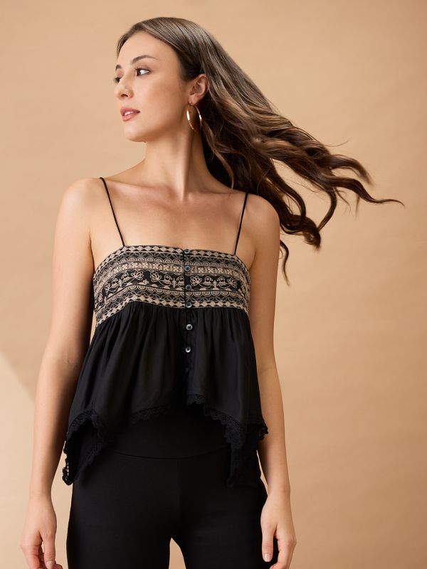 Black Embroidered Asymmetric Hem Fusion Tunic with Square Neck & Shoulder Straps – Contemporary Ethnic Wear for Women
