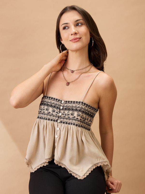 Beige Embroidered Asymmetric Hem Fusion Tunic with Square Neck & Shoulder Straps – Elegant Contemporary Ethnic Wear