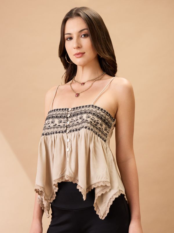 Beige Embroidered Asymmetric Hem Fusion Tunic with Square Neck & Shoulder Straps – Elegant Contemporary Ethnic Wear