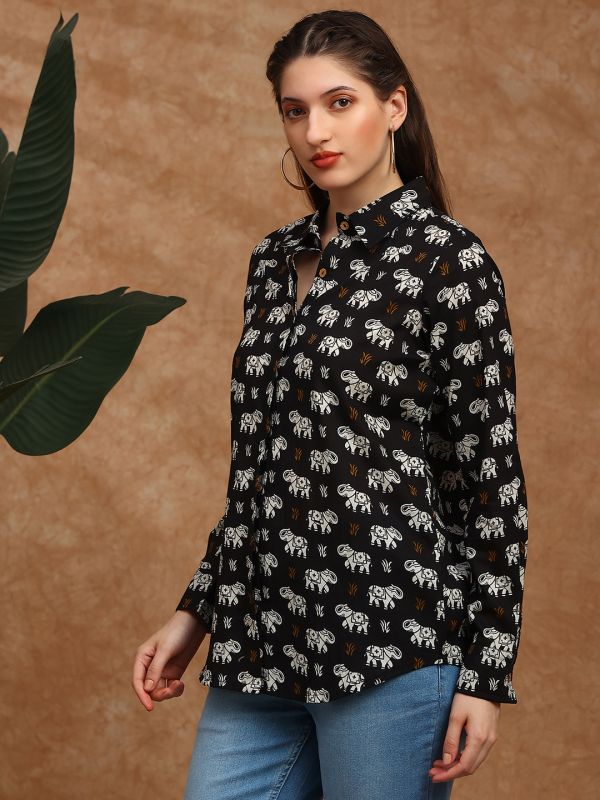 Black Tribal Print Shirt-Style Tunic with Collared Neck & Cuffed Sleeves – Elegant Fusion Wear for Modern Women