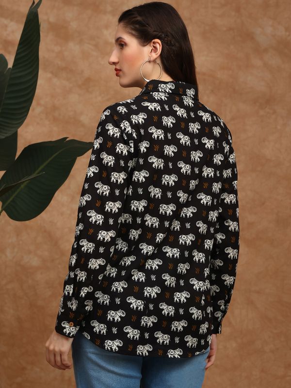 Black Tribal Print Shirt-Style Tunic with Collared Neck & Cuffed Sleeves – Elegant Fusion Wear for Modern Women