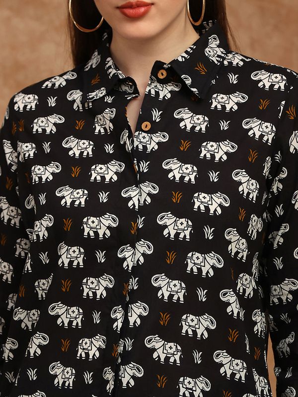 Black Tribal Print Shirt-Style Tunic with Collared Neck & Cuffed Sleeves – Elegant Fusion Wear for Modern Women