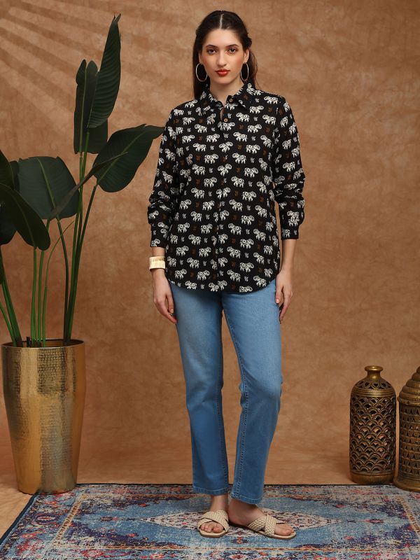 Black Tribal Print Shirt-Style Tunic with Collared Neck & Cuffed Sleeves – Elegant Fusion Wear for Modern Women