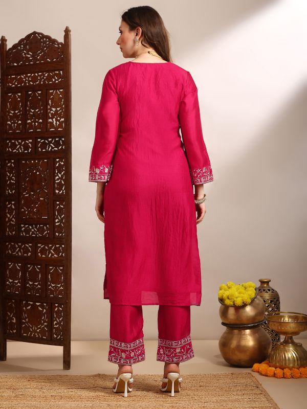 Pink Floral Embroidered Festive Set with V-Neck Straight Kurta, Bell Sleeves & Matching Pants – Elegant Traditional Ensemble for Women