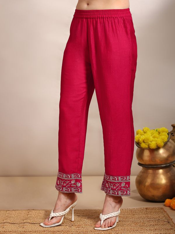 Pink Floral Embroidered Festive Set with V-Neck Straight Kurta, Bell Sleeves & Matching Pants – Elegant Traditional Ensemble for Women