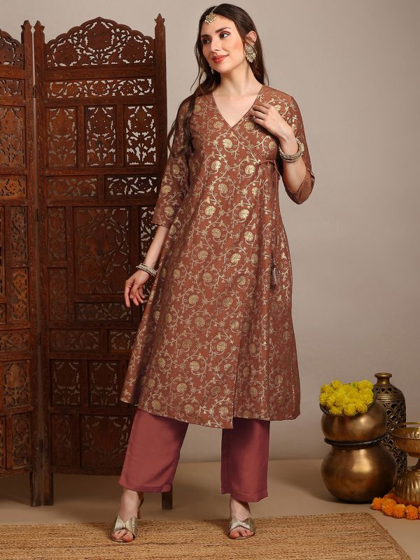 Rust Gold Foil Floral Print Angrakha A-Line Kurta with Pants – Elegant V-Neck Festive Ethnic Set for Women
