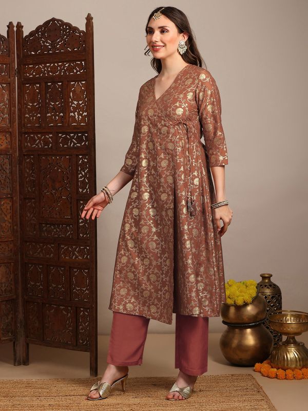 Rust Gold Foil Floral Print Angrakha A-Line Kurta with Pants – Elegant V-Neck Festive Ethnic Set for Women