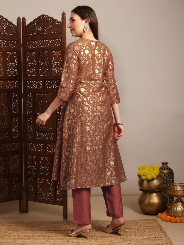 Rust Gold Foil Floral Print Angrakha A-Line Kurta with Pants – Elegant V-Neck Festive Ethnic Set for Women