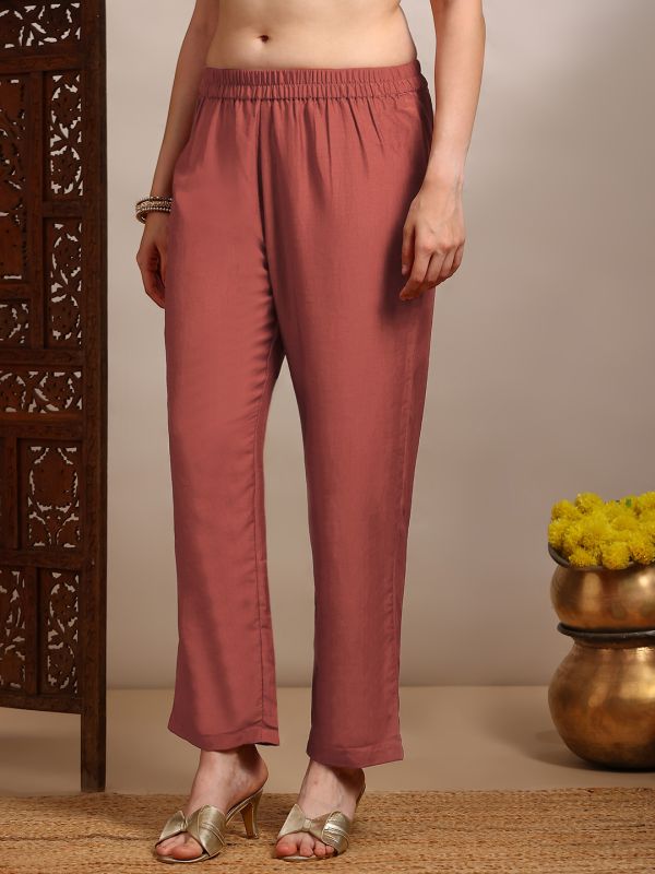 Rust Gold Foil Floral Print Angrakha A-Line Kurta with Pants – Elegant V-Neck Festive Ethnic Set for Women