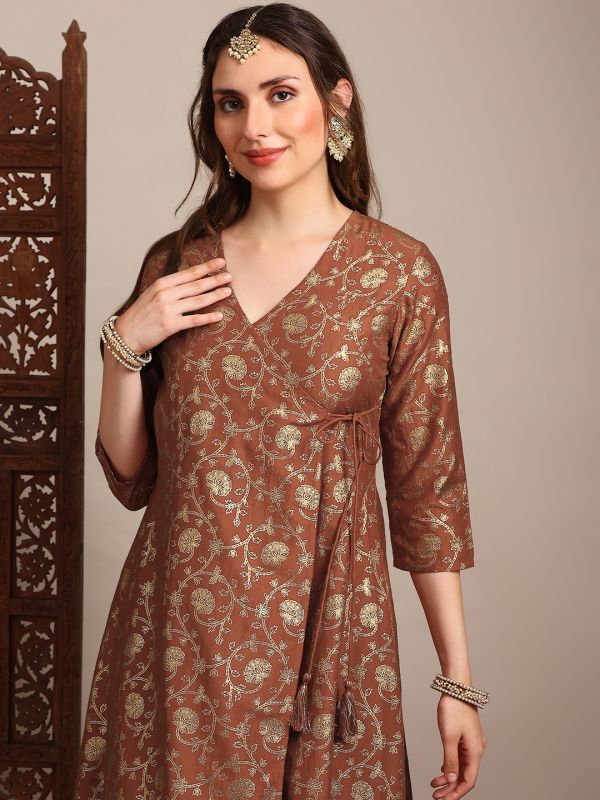 Rust Gold Foil Floral Print Angrakha A-Line Kurta with Pants – Elegant V-Neck Festive Ethnic Set for Women