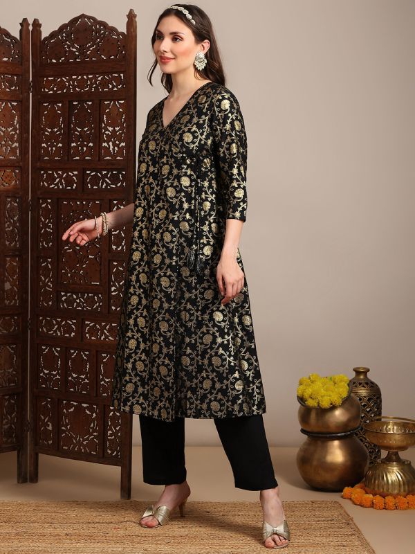 Black Gold Foil Floral Print Angrakha A-Line Kurta with Pants – Elegant V-Neck Festive Set for Women