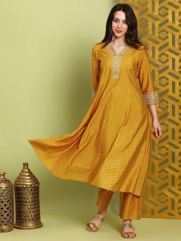 Mustard Gold Foil Print Anarkali Kurta & Wide-Leg Pants Set with Zari Embroidery – Elegant V-Neck Festive Ensemble for Women