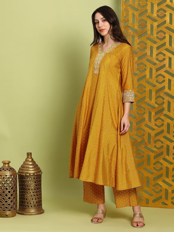 Mustard Gold Foil Print Anarkali Kurta & Wide-Leg Pants Set with Zari Embroidery – Elegant V-Neck Festive Ensemble for Women
