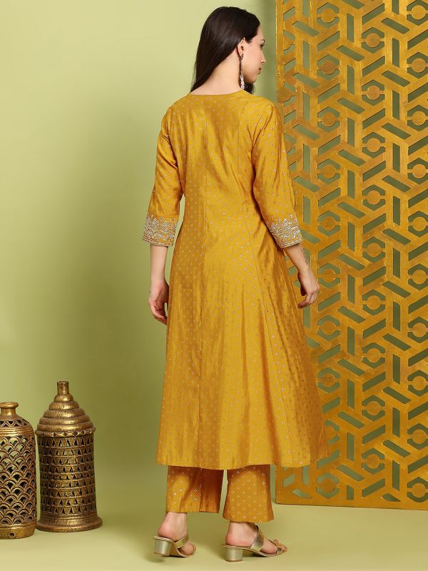 Mustard Gold Foil Print Anarkali Kurta & Wide-Leg Pants Set with Zari Embroidery – Elegant V-Neck Festive Ensemble for Women