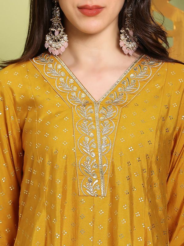Mustard Gold Foil Print Anarkali Kurta & Wide-Leg Pants Set with Zari Embroidery – Elegant V-Neck Festive Ensemble for Women