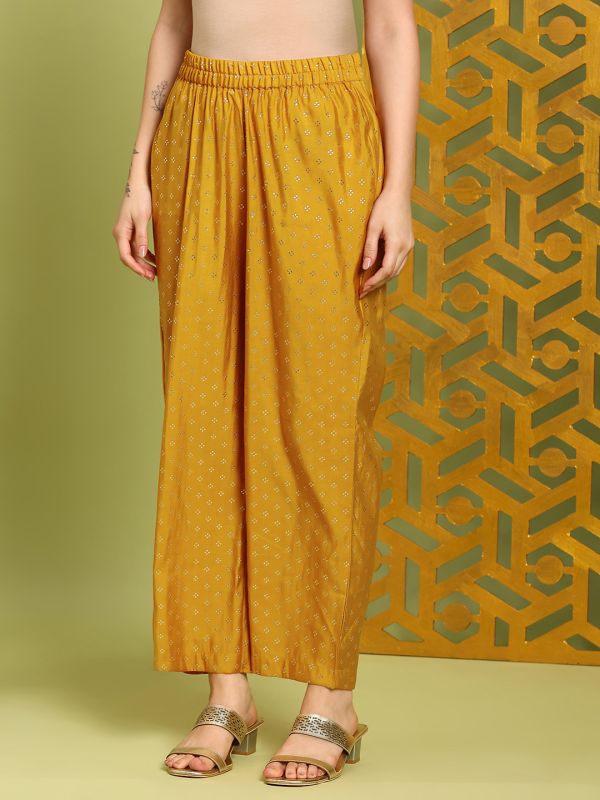 Mustard Gold Foil Print Anarkali Kurta & Wide-Leg Pants Set with Zari Embroidery – Elegant V-Neck Festive Ensemble for Women