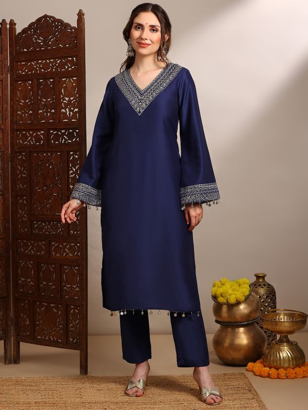Blue Zari & Sequin Embroidered Festive Set with V-Neck Straight Kurta, Bell Sleeves & Coin Detail Hem – Elegant Ethnic Ensemble for Women