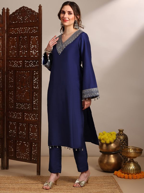 Blue Zari & Sequin Embroidered Festive Set with V-Neck Straight Kurta, Bell Sleeves & Coin Detail Hem – Elegant Ethnic Ensemble for Women