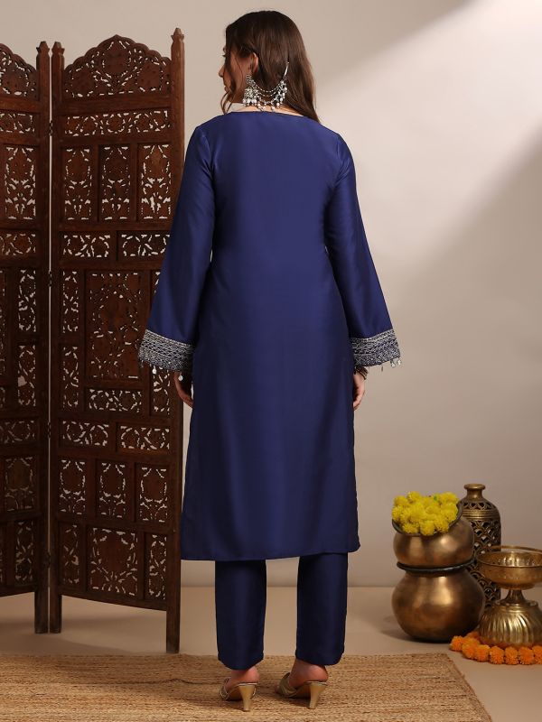 Blue Zari & Sequin Embroidered Festive Set with V-Neck Straight Kurta, Bell Sleeves & Coin Detail Hem – Elegant Ethnic Ensemble for Women