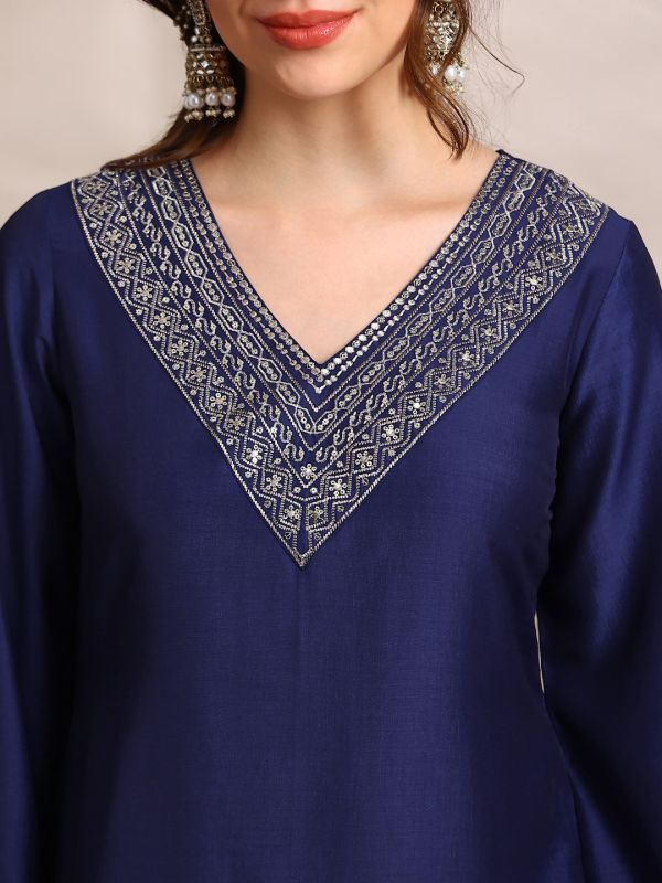 Blue Zari & Sequin Embroidered Festive Set with V-Neck Straight Kurta, Bell Sleeves & Coin Detail Hem – Elegant Ethnic Ensemble for Women