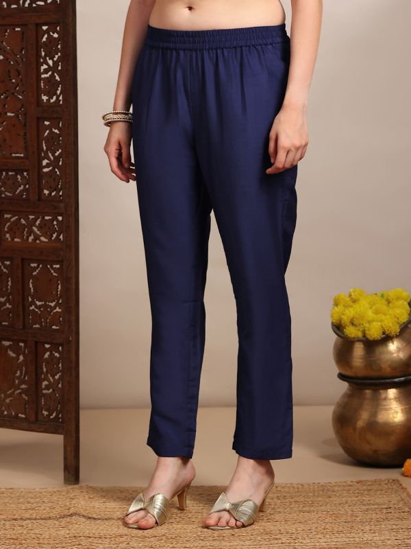 Blue Zari & Sequin Embroidered Festive Set with V-Neck Straight Kurta, Bell Sleeves & Coin Detail Hem – Elegant Ethnic Ensemble for Women