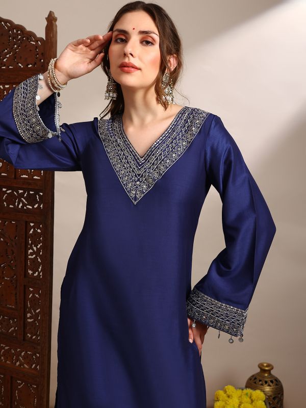 Blue Zari & Sequin Embroidered Festive Set with V-Neck Straight Kurta, Bell Sleeves & Coin Detail Hem – Elegant Ethnic Ensemble for Women