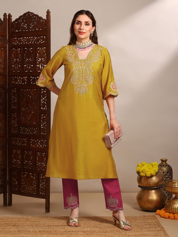 Yellow Zari Embroidered Festive Set with V-Neck Straight Kurta, Scalloped Bell Sleeves & Matching Pants – Elegant Traditional Ensemble for Women