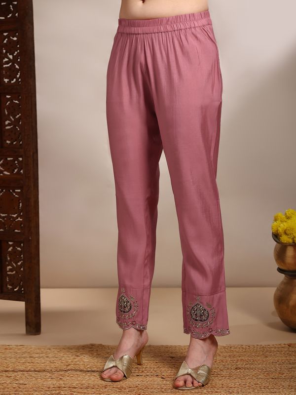 Purple Zari Embroidered Festive Set with V-Neck Straight Kurta, Scalloped Bell Sleeves & Matching Pants – Elegant Traditional Ensemble for Women