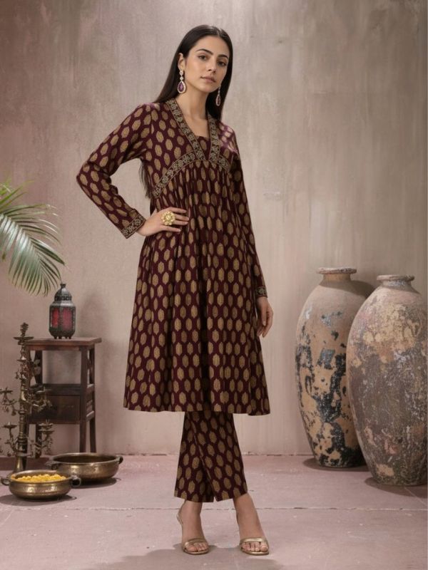 Wine Gold Foil Floral Print Festive Set with Embroidered V-Neck Alia Cut A-Line Kurta & Matching Pants – Elegant Traditional Ensemble for Women