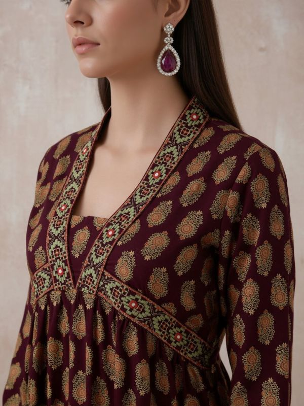Wine Gold Foil Floral Print Festive Set with Embroidered V-Neck Alia Cut A-Line Kurta & Matching Pants – Elegant Traditional Ensemble for Women