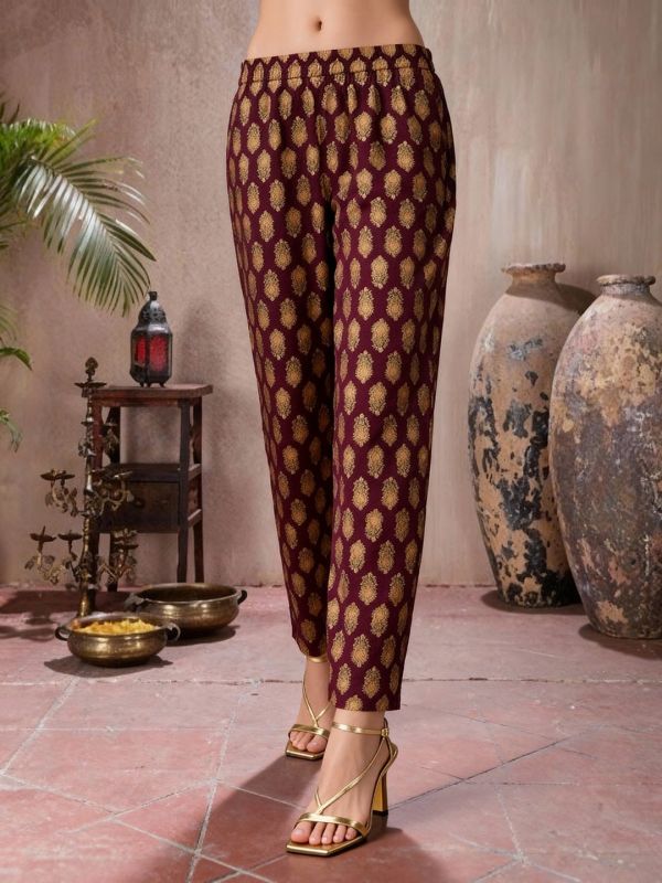 Wine Gold Foil Floral Print Festive Set with Embroidered V-Neck Alia Cut A-Line Kurta & Matching Pants – Elegant Traditional Ensemble for Women