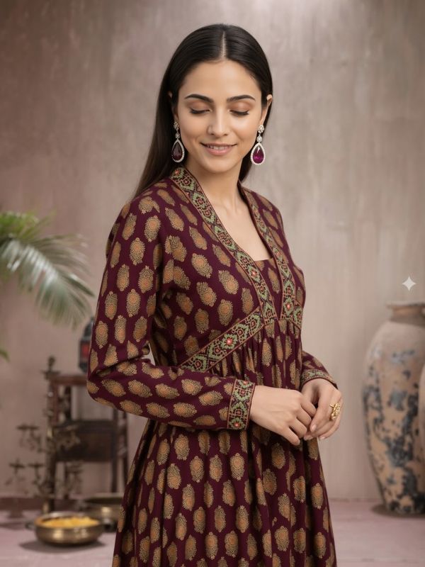 Wine Gold Foil Floral Print Festive Set with Embroidered V-Neck Alia Cut A-Line Kurta & Matching Pants – Elegant Traditional Ensemble for Women