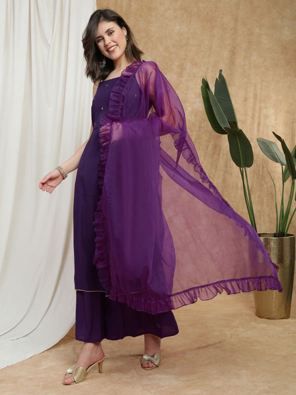 Purple Sequin Embellished A-Line Kurta with Gotta Lace Hem, Palazzos & Frilled Dupatta – Elegant Square Neck Festive Set for Women